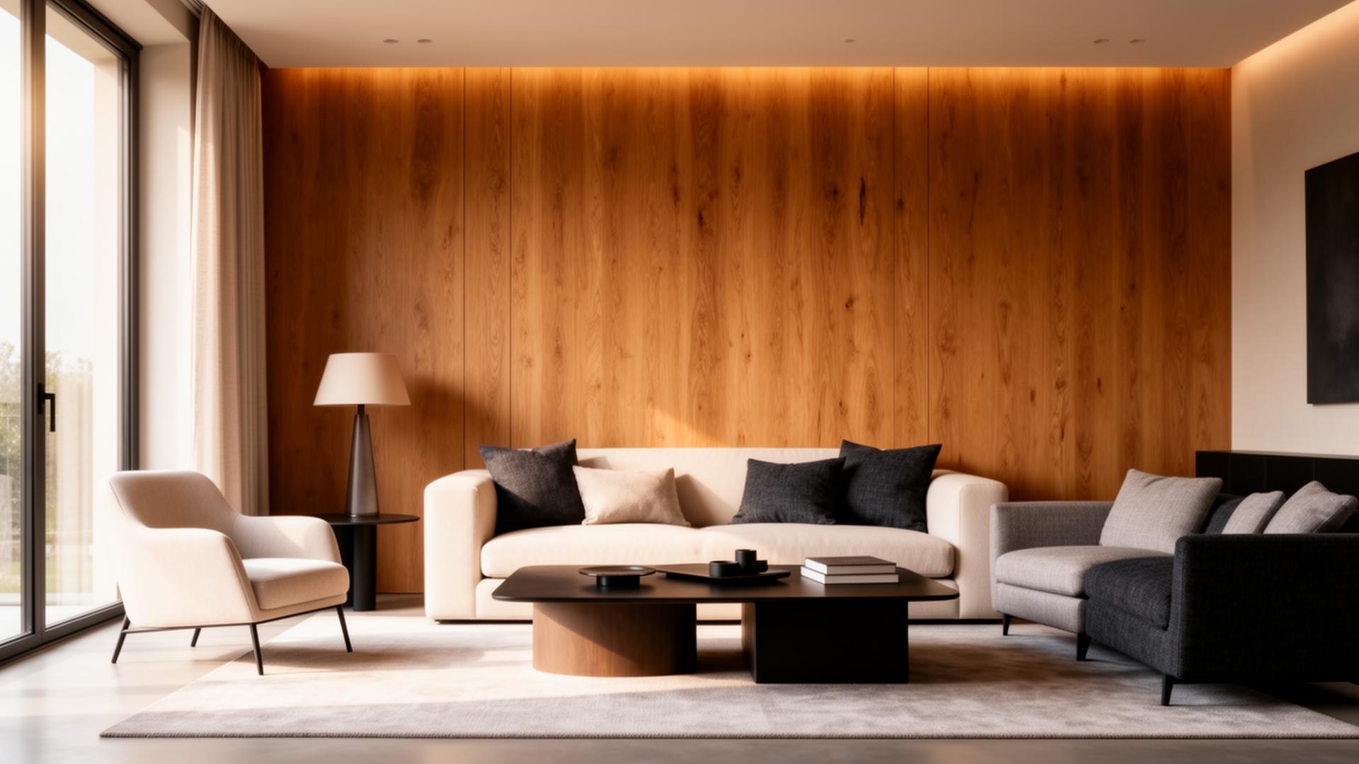 Modern interior with warm oak feature wall